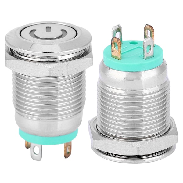 Grønt LED-lys fladt hoved selvtilbageførende metaltryknap med strømssymbol 12mm (12V)