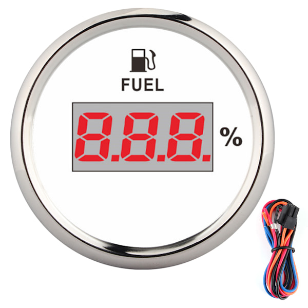 2in 190ohm Bränslemätare Digital oljenivåmätare Procentandel för 12V/24V Yacht Båt Katt MotorcykelVit Urtavla Silver Ram