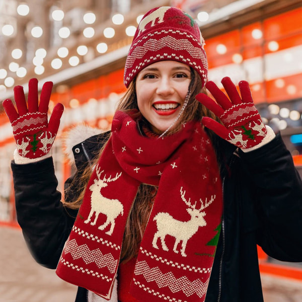 Vinterstickad dammössa Beanie Scarf Handskar, varm julmössa som passar de flesta män och kvinnor Red