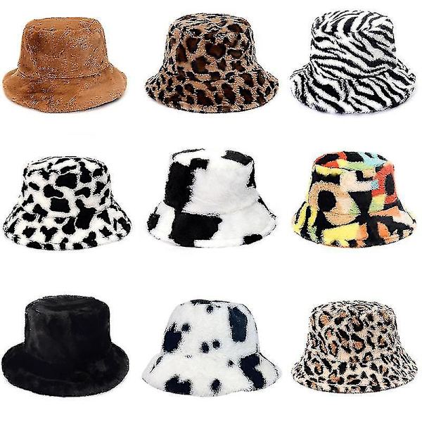 Fuskpäls Leopard Bucket Hat för kvinnor - Vinter Zebra Blå