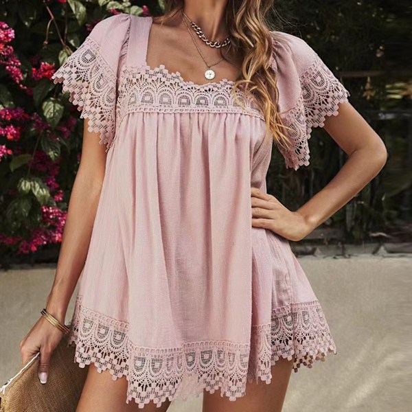 Dame Sommer Spids Toppe Kort Puffærme Firkantet Hals Flowy Bluser Skjorter til Fester Strande Ferie Rosa L
