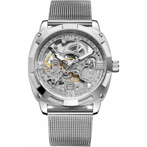 Mekanisk watch herr i rostfritt stål Automatiska mekaniska klockor 30M Vattentät Business Watch, Modell: Silver