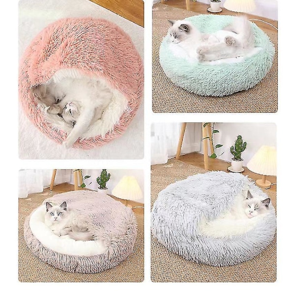 Koselig 2-i-1 Hule Dyrebed med Hetter for Små Hunder og Katter - Myk Plysj, Varmt, Rundt Design (65cm, Aprikos)