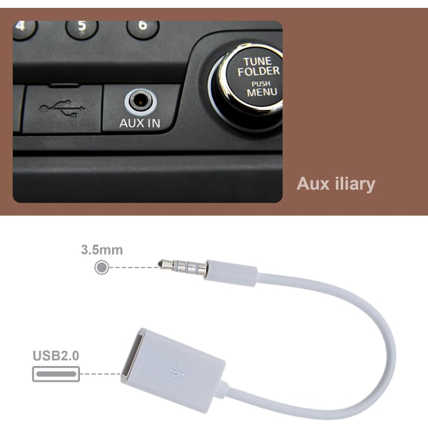 2 stk AUX til USB-adapter 1/8"/3,5 mm Hann Auxiliary Audio Plug til USB 2.0 Hunn Converter blykabel