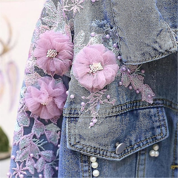 Blommig broderad denimjacka - Rosa XL