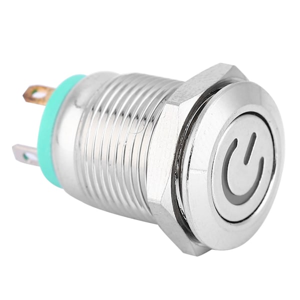 Grønt LED-lys fladt hoved selvtilbageførende metaltryknap med strømssymbol 12mm (12V)