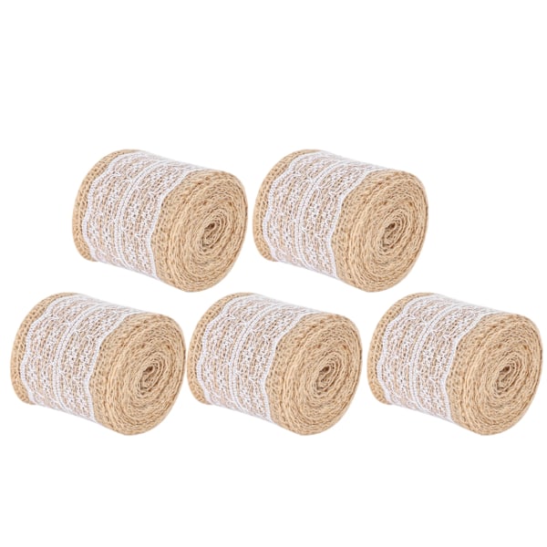 5 stk Burlap Bånd Spids Linned Rulle Jute Bælte DIY Håndlavet Hessian Rem Håndværk Dekorationer (Hvid)