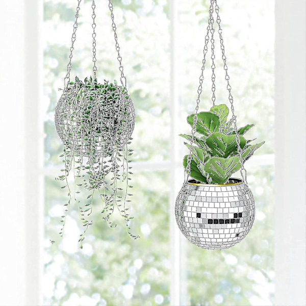 Mirror Ball Disco Ball Planter with Wooden Stand - Hanging Desk Pot