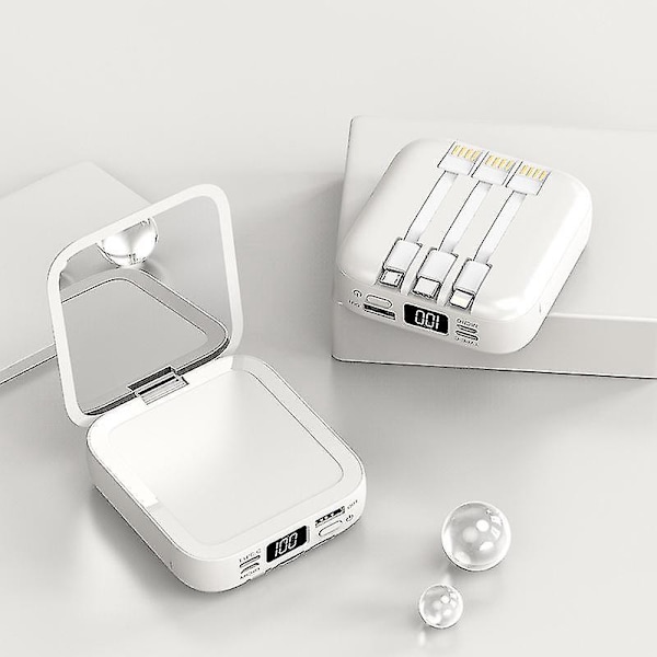 Bærbar Mini Powerbank med Makeup Spejl, LED Digital Display - 20000mAh Hvid