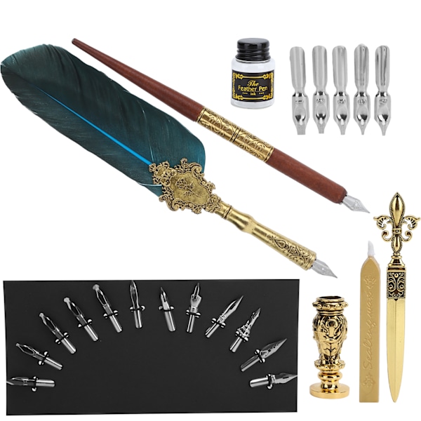 Fjäder Pen Set Kalligrafi Skriva Teckning Quill Dip Kit Vintage Art Craft CollectionSP248011R Lake Blue