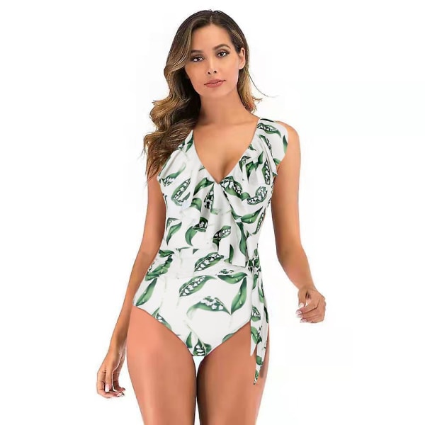 Kvinder V-hals One Piece Bikini Flæsede Højtaljede Rygløs Tankini Elegant badedragt Mavekontrol strandbadedragt Leaves M