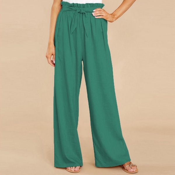 Løse bukser Vilde ben Høj talje elastisk taljebånd Sidelomme Flowy Slacks Bindende bælte Alsidig til kvinder Grøn L