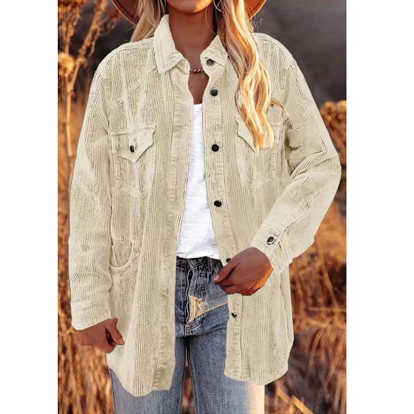 Kvinna Pure Color Fickor Kappa Turn Down Krage Enkelknäppt Lös Fritid Långärmad Kappa Beige M