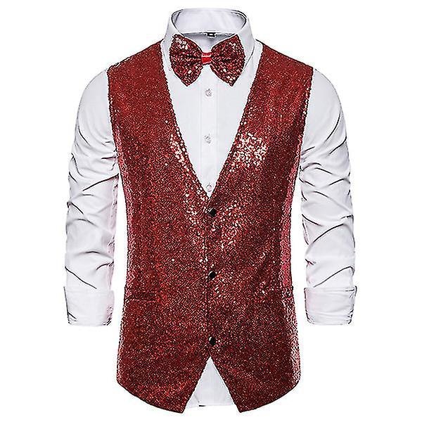 Glansfuld Rød Sequin V-Hals Mænds Festkjole Suit Vest