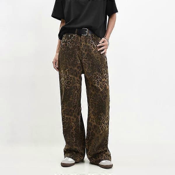 Brune leopardjeans dame denimbukser dame oversize bukser med vide ben - ya XL