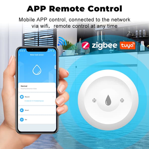 Zigbee vattenläckagedetektor för hemmet, vattenlarm, batteridriven, Zigbee-hubb krävs, hemsupport