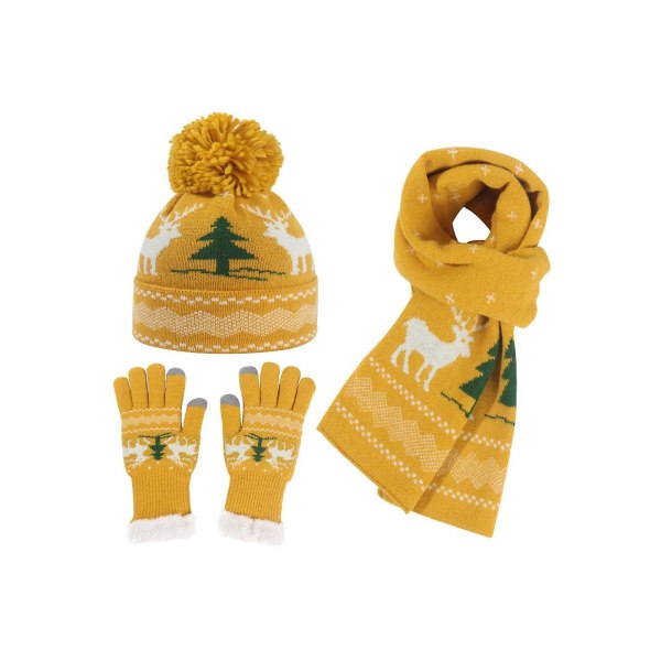 Vinterstickad dammössa Beanie Scarf Handskar, varm julmössa som passar de flesta män och kvinnor Yellow