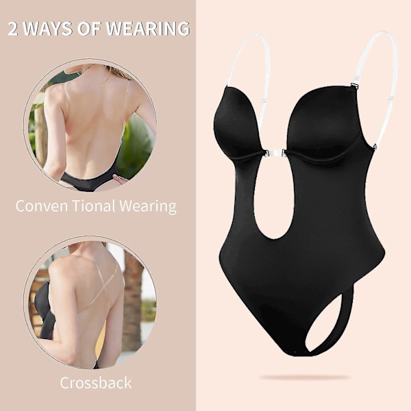 Dyb V-hals Stropløs Rygfri Body Shaper Bodysuit - Sort (Størrelse 3XL) til Kvinder