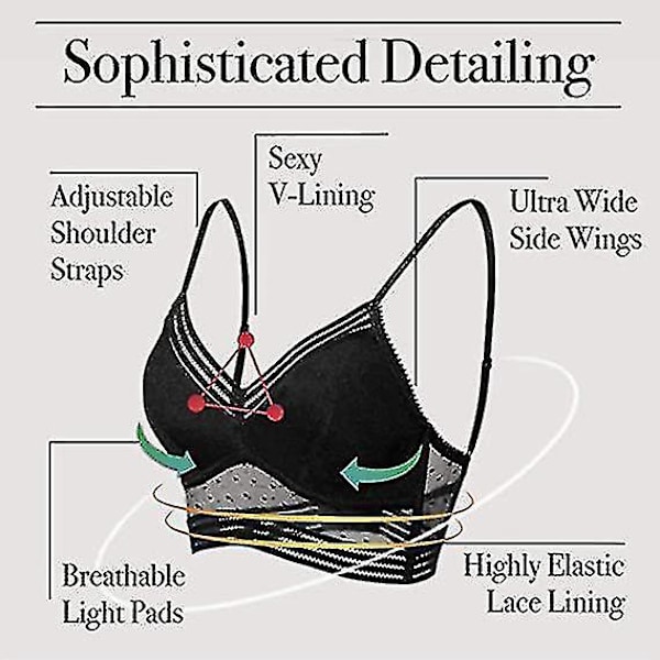 Trådløs Deep V Lace Push Up Rygfri BH til Lav Ryg, U-Formet Design, Sort