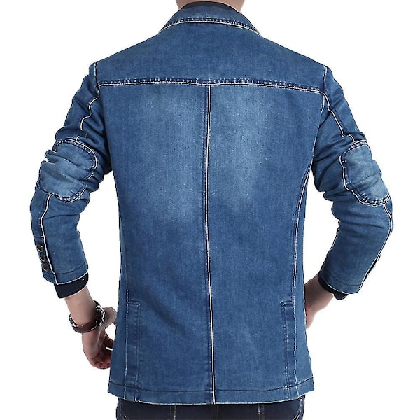 Herre Casual Denim Blazerjakke med Flere Lommer, Hakket Krage - Lyseblå, 2XL