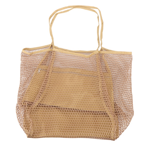 Mesh Strandveske Enkel Stor Kapasitet Flere Lommer Glidelås Håndvevd Strandveske for Reiseutflukt Camping Khaki