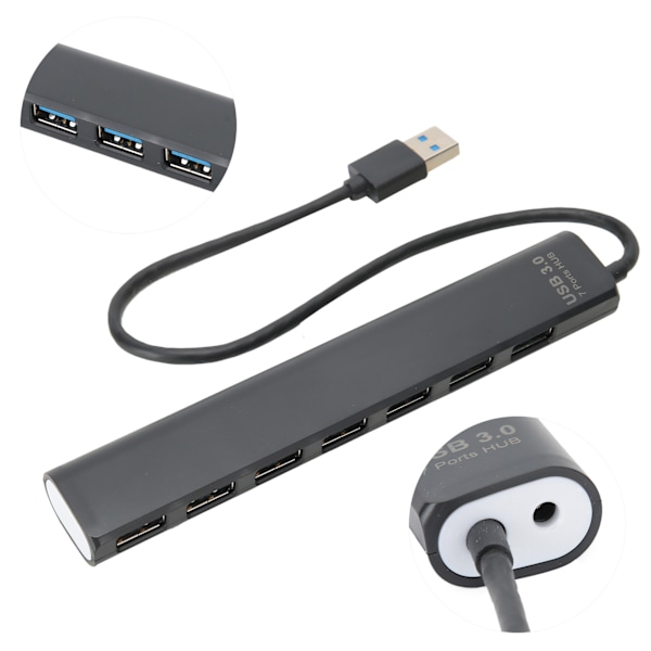 USB 3.0 Hub Svart 7-i-1 Höghastighetsöverföring Splitter Portabel Nätverksadapter 5GB