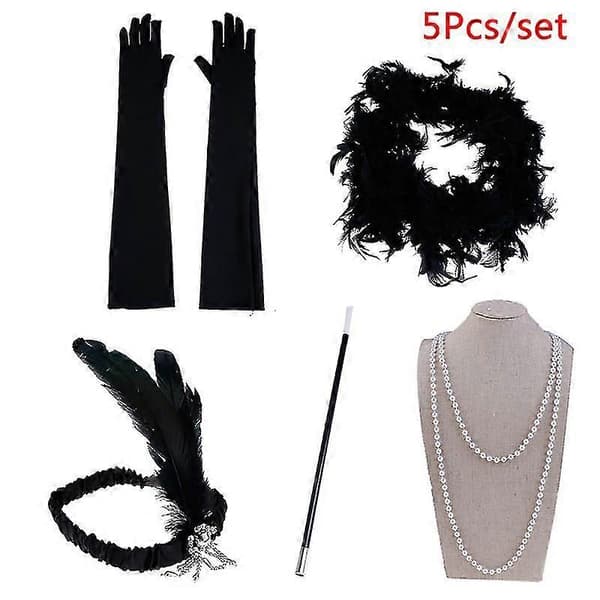 1920'er dametøj Tilbehør Flapper 1920'er Charleston pigekjole sæt Black 1 Set