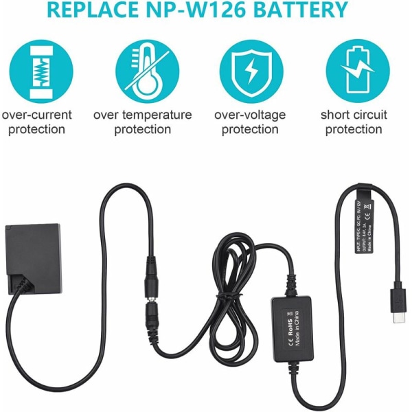 USB Type-C-kabel til NP-W126 Dummy-batteri med PD Quick Charge Protocol for Fujifilm X-A2 A3 X-E2s X-Pro2 T20 T10 X-T30 X-T1 T2 X-T3 E3