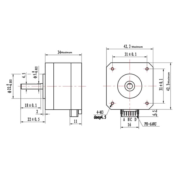 DC4.0V 1.2A 1.8° Nema 17 bipolær stepmotor 320mN.m/45oz.in Kompatibel med 3D-printer 34mm højde