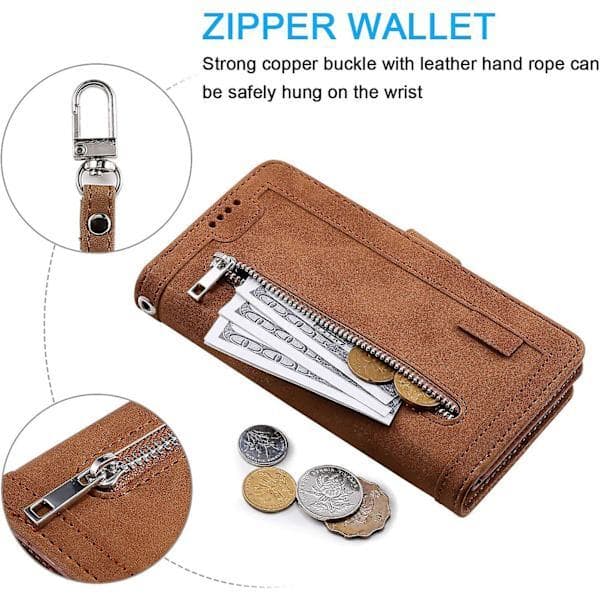 Wallet Case Compatible with iPhone SE 2022 5G/iPhone 7/iPhone 8/iPhone SE 2020, 9 Card Slots, Zipper, PU Leather Wallet Case - Brown