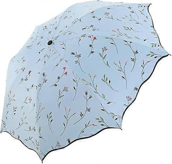 Vikbart solparaply, bärbart UV-skydd paraply kvinnor blommiga solskydd vindtätt starkt kompakt paraply sommar UPF 50 light blue