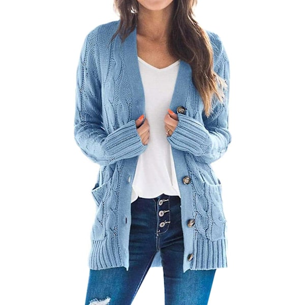 Blue Cable Knit Long Sleeve Cardigan with Pocket