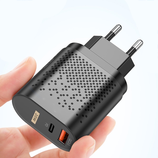 QC3.0 PD Snabbladdare 20W Dual Port QC3.0 USB PD Laddningshuvud Adapter för IOS 13 12 Svart EU Standard