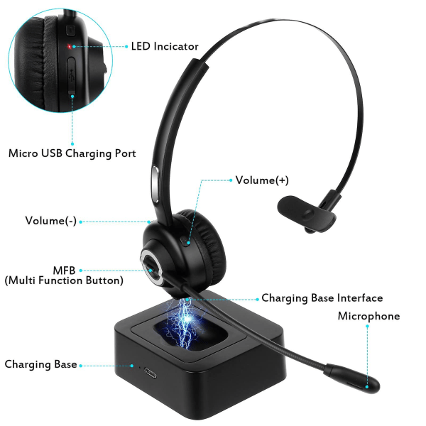 V5.0 brusreducerande handsfree Bluetooth -headset med mikrofonladdningsbas