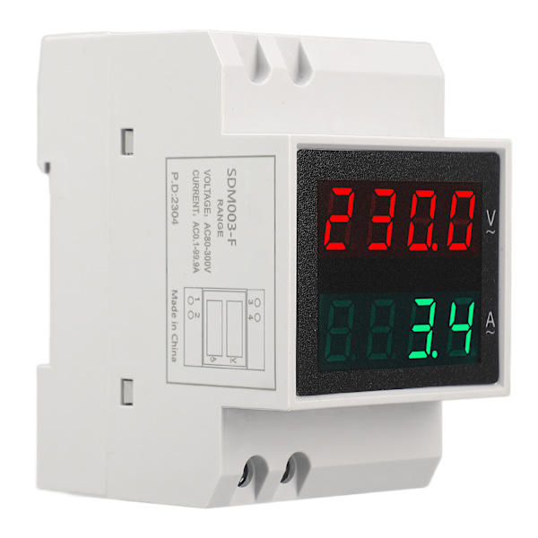 Voltmeter Amperemeter 4-siffrig display DIN-skena monterad enfas spänningsströmmätare 0,1‑99,9A AC80‑300V