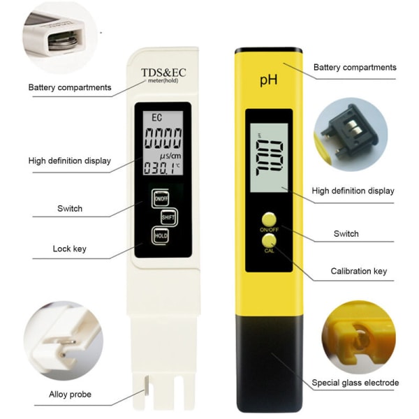 ph meter vandkvalitetstester ph test pen ec ledningsevne vandkvalitet test pen tds pen, hvid tds pen+gul ph pen