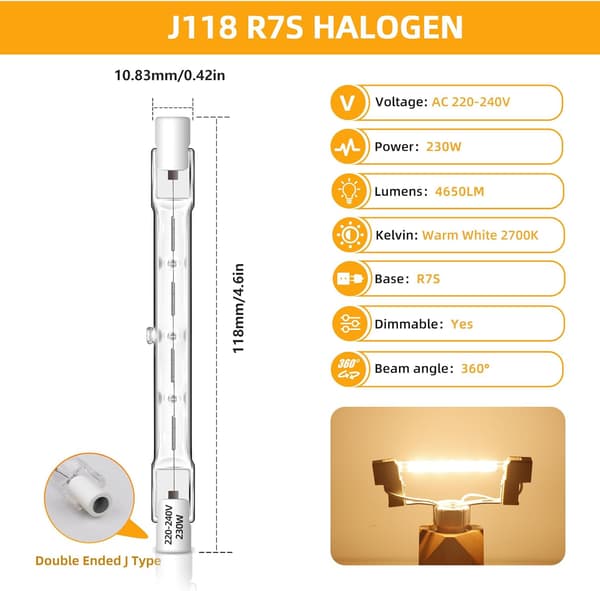 6 pcs R7S 118mm 240W Dimmable Halogen Bulb, Linear R7s Lamp 2700K Warm White, 4650LM, AC 230V, J118 Halogen Compatible with Projector