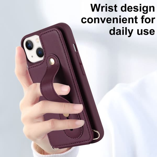 Etui kompatibelt med iPhone 14 Pro vinrød anti-fall håndleddsrem kortholder
