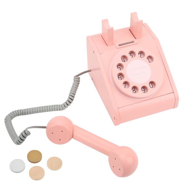 Simuleringstelefon för barn Rosa gammaldags vridbar urtavla telefon Retrodesign Träsimulering Retro urtavla Rosa