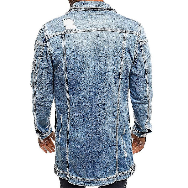 Langærmet Distressed Denim Shacket med Lommer til Mænd, Lyseblå, XL