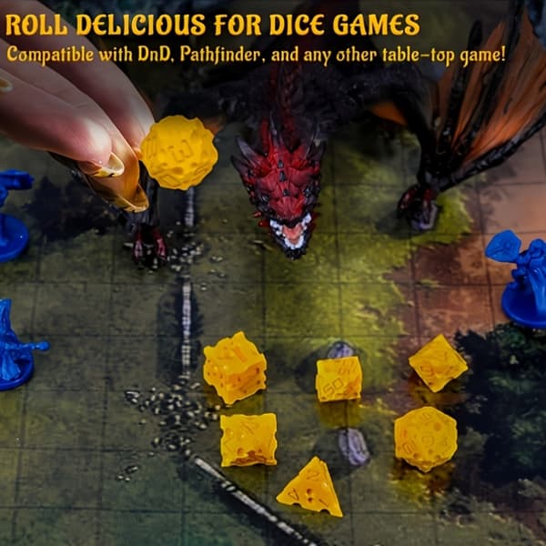 DND Ost Terningesæt med 7, med et alsidigt madtema, perfekt til Dungeons & Dragons, Pathfinder, bordrollespil og MTG. Cheese Dice