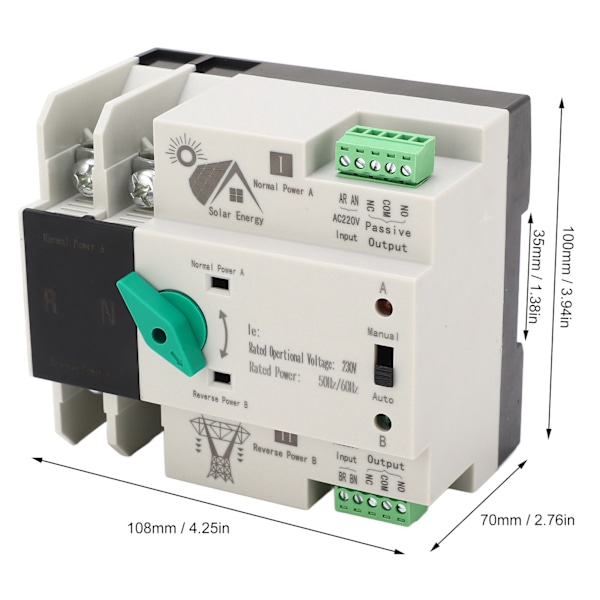 Dual Power Automatisk överföringsströmbrytare 2P Millisecond Snabbväxling Timing Controller AC230V 50/60Hz PV till nät 100A