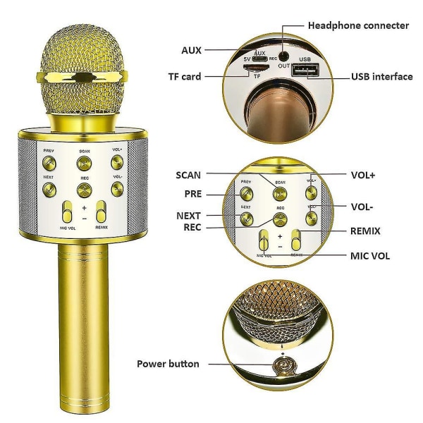 Trådløs Bluetooth karaoke mikrofon med led lys, bærbar Gold