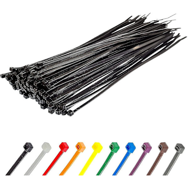 Sølv Kabelbinder - Pakke med 100, 370mm x 4.8mm - Premium Nylon Zip, Svart 300mm x 4.8mm