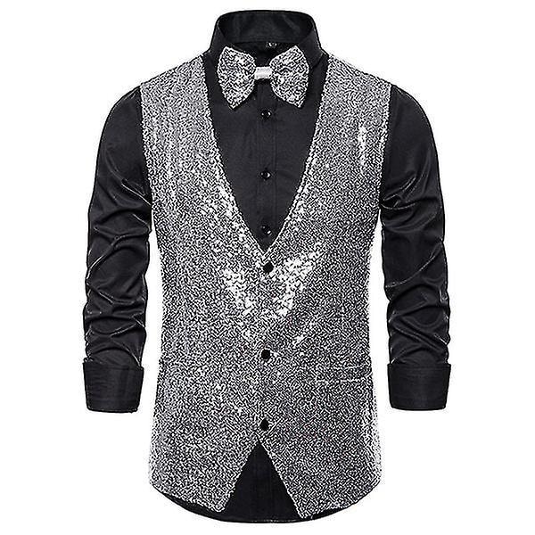 Paljett Glittrande Silver V-ringad Festväst för Män 2XL