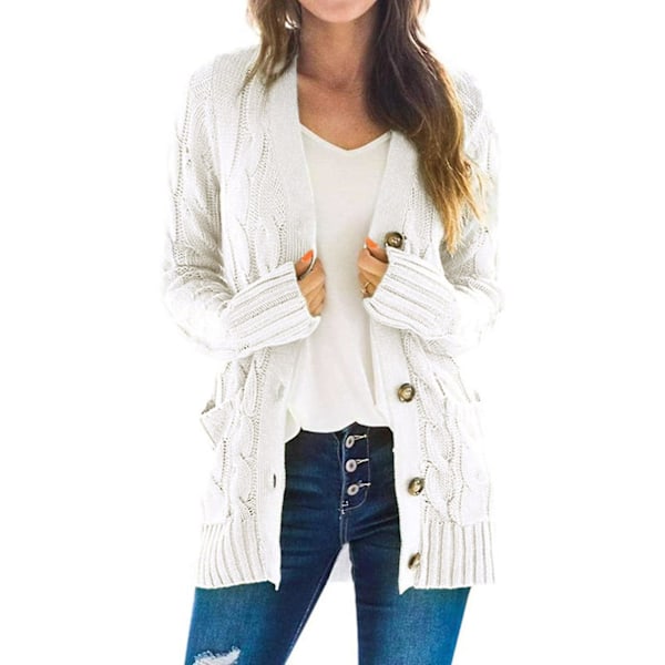 Vit XL Dam Kabel Stickad Cardigan Rock med Ficka