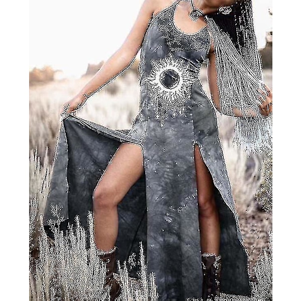 Kvinners Gotisk Viking Tribal Ermeløs Kjole - Vintage Mardi Gras Halloween Kostyme XL Grå