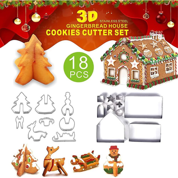 18 stk. Gingerbread House Cookie Cutter Sæt, 3d Rustfrit Stål Jule House Fondant Cutter Kit, Inklusiv juletræ, Snemand, Rensdyr, Slæde S