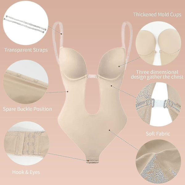 Syvä V-kaula-aukkoinen olkaimeton selästä avoin vartalonmuotoilija body - Beige (Koko M)