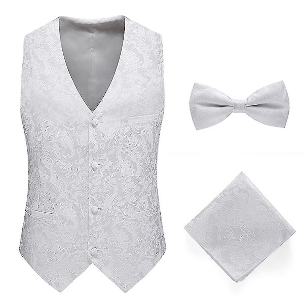 Paisley Design Men's White Dress Vest Set with Bow Tie & Pocket Square